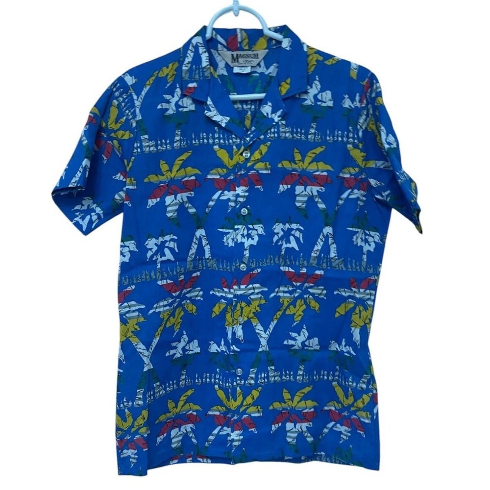 Magnum .357 Hawaiian Aloha Button Up Shirt Mens Size XL Blue Short Sleeve